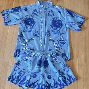 A set of blue short sleeves button up shirt and short Size S